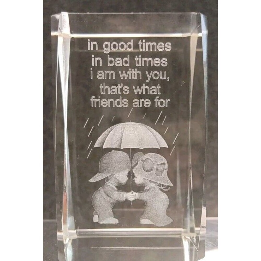 Clear Cube Paper Weight Boy Girl Sharing  Umbrella That's What Friends are for